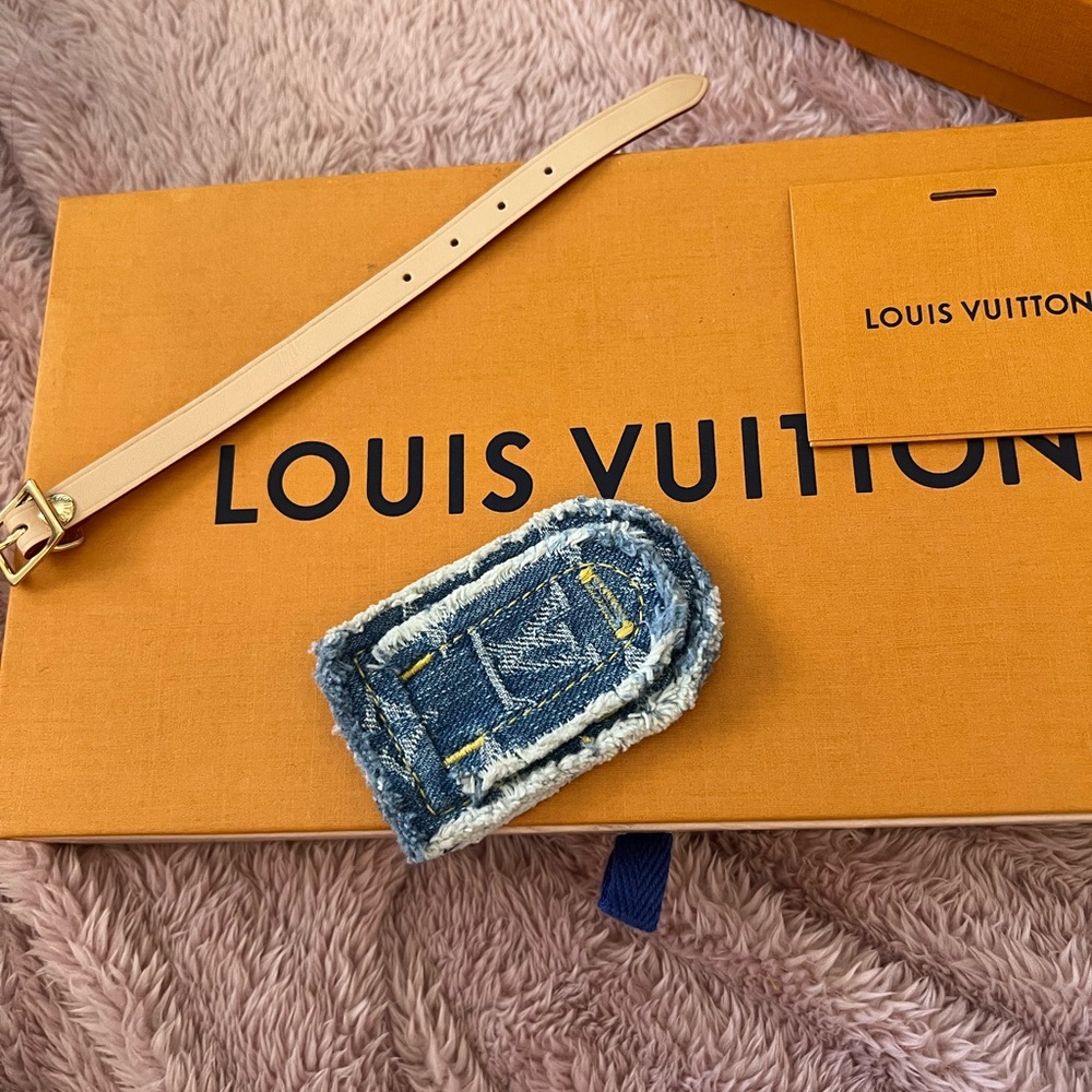 Authentic Louis Vuitton Blue Denim Luggage Tag with Box and Dust Bag
